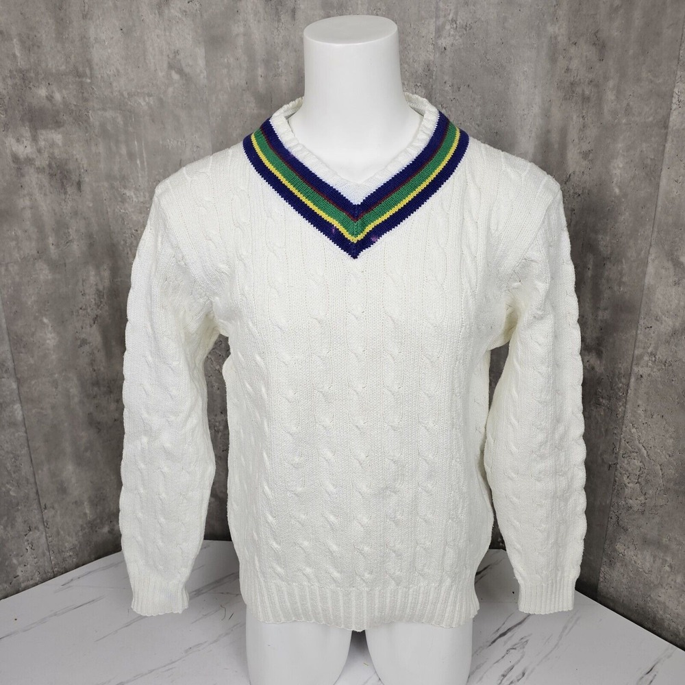 Vintage 90s Polo Ralph Lauren Mens 2XL Vneck White Chunky Knit Cricket Sweater
